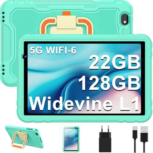 Tablet bambini 10 pollici Android 14 tablets, Octa-Core, 22GB + 128GB (TF 1TB), Controllo Parentale, 8000mAh, Widevine L1, 5G WiFi6, BT 5.0, 5+8MP, EVA custodia protettiva resistente agli urti (verde)
