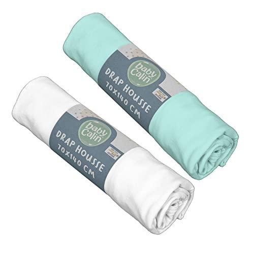 babyCalin - Set 2 lenzuola con angoli Bianco/turchese 70x140x17 cm