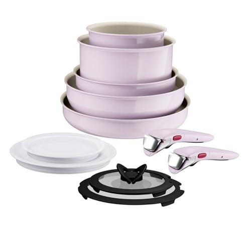 Lagostina Ingenio Pastel, Set di Padelle Antiaderenti 11 Pezzi con Manico Rimovibile, Compatibili con Induzione e Forno, Design Salvaspazio, Colore Rosa