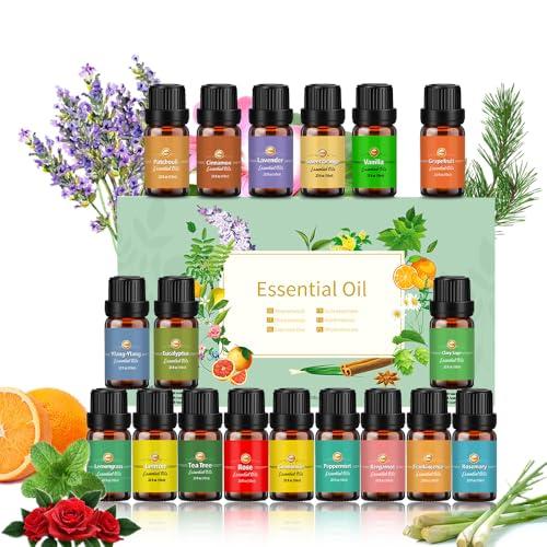 Oli Essenziali per Diffusori, Set di olio essenziale 18 x 10 ml, Essenze Naturali,Tea Tree Lavanda Rosmarino Eucalipto Ylang-ylang Incenso Citronella Arancia Menta Limone Bergamotto