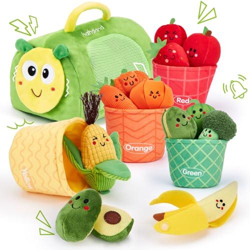 hahaland Giochi Montessori 6 9 12 Mesi con Borsa - 17 in 1 Peluche Verdura e Frutta Giocattolo Neonato per Combinazione e Ordinamento - Sensoriale Regalo Bimbo Bimba Giochi Bambini 1 Anno