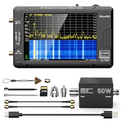 SEESII TinySA Ultra+ ZS406 - Analizzatore di spettro con attenuatore da 50 W, analizzatore di frequenza da 4,0 pollici, 100 kHz-5,4 G, 2 in 1, 100 kHz - 800 MHz MF/VHF/HF UHF con scheda di memoria da