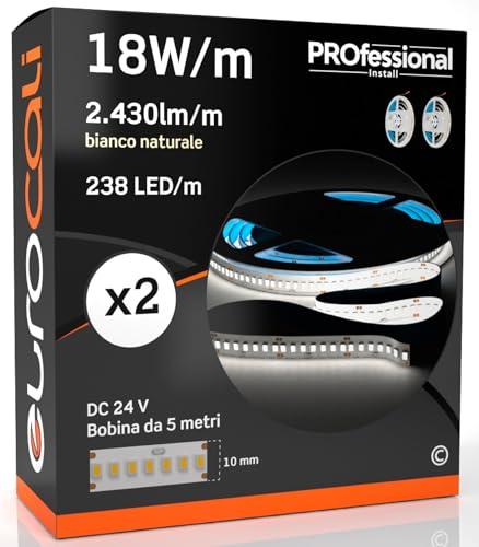 Eurocali Striscia LED 5 metri Professionale 24V 90W 18 W/mt - KIT con 2 Strisce Monocolore da 1190 LED 238 LED/mt e 12150 Lumen 2430 Lm/mt 135 lm/W - Bianco Naturale 4000K (Pacco 2 Bobine da 5mt)