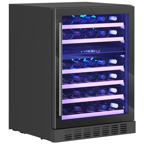 HOMCOM Cantinetta Vino Doppia Temperatura 46 Bottiglie 131L Cantina Vino Frigo Bar Refrigerata Sottopiano Silenziosa 5-18℃, Triplo Vetro Anti UV, Ripiani Regolabili Legno, Display Touch, LED, Classe F