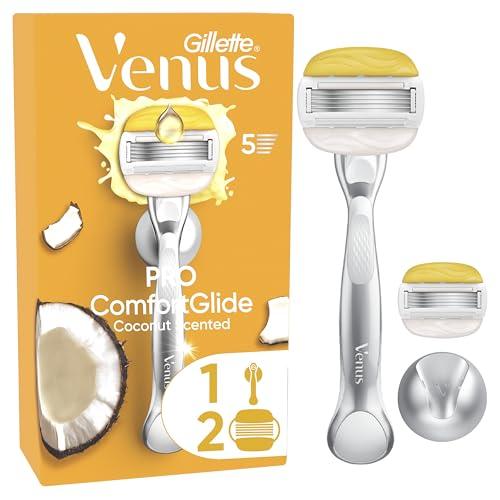 Gillette Venus Pro ComfortGlide Rasoio Da Donna, Al Profumo Di Cocco, 2 Lamette Di Ricambio, Manico In Metallo Riutilizzabile E Gancio Per Doccia