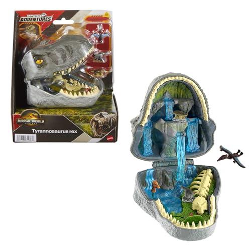 ​Mattel Jurassic World La Rinascita Micro Avventure, playset con testa di T-Rex che si apre con 4 funzionalità interattive, 3 micro personaggi, T-Rex giocattolo, JGB97