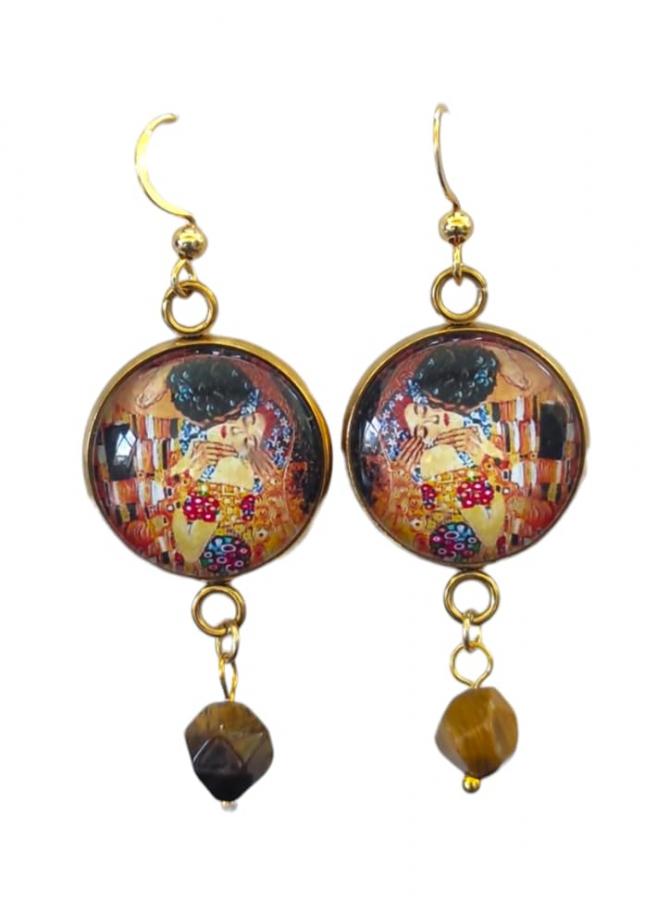 Orecchini Dipinti Pendenti Cabochon, Idea Originale per Regalo Natale,Fatto a Mano, Gioielli Donna Sicilia con Perline Naturali (Occhio Di Tigre Il Bacio)