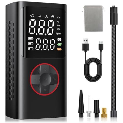Onherm Compressore Aria Portatile, Pompa Bicicletta Elettrica 10.3 Bar/150PSI con Tutte Le Valvole, 5 Modalità, Mini Compressore Portatile con Luce LED per Auto, Bici, Moto, Scooter, Pallone
