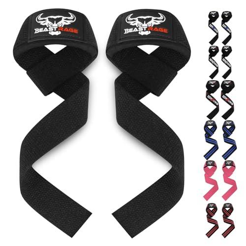 BEAST RAGE - straps palestra Cinghie per sollevamento pesi Imbottite, Supporto per i polsi, Cinghie per Fitness e Palestra, con presa flessibile gel Fasce Polsi Accessori Powerlifting (Nero)