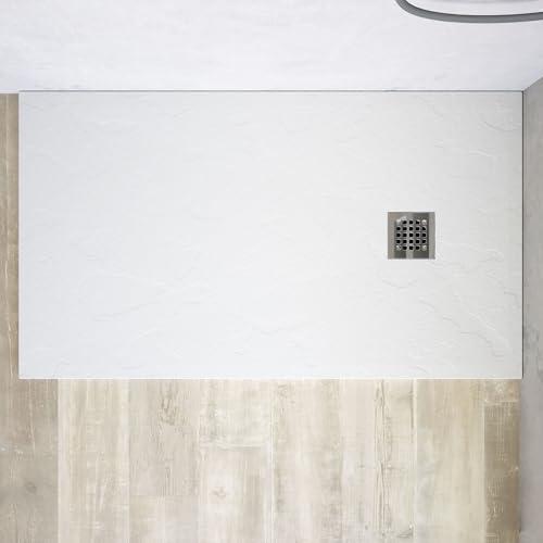 Piatto Doccia in Marmoresina Bianco Antiscivolo Effetto Pietra con Griglia Copripiletta h3cm (Bianco, 80x100)