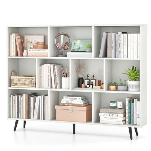 COSTWAY Libreria a 10 Cubi, Organizzatore di Stoccaggio Moderno con 5 Gambe di Metallo, Scaffale per Esposizione con 2 Kit Anti-Ribaltamento per Soggiorno Studio Camera da Letto, Bianco (140x24x107cm)