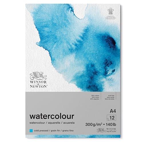 Winsor & Newton Carta per acquarello, Grana Fine, 300gr, Miscela Di Fibre di Cotone 25% e Cellulosa, Bianco Naturale,, Priva di Acidi, DIN A4, Blocco incollato 1 Lato, 12 Fogli