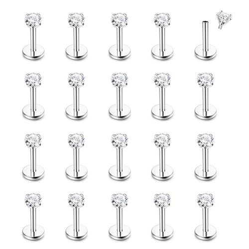 CASSIECA 20 pezzi 16G ipoallergenico in acciaio inossidabile borchie labbro piercing con 3 mm CZ cartilagine Tragus Helix Monroe Piercing Stud Gioielli 6 mm 8 mm 10 mm, acciaio inossidabile, Acciaio