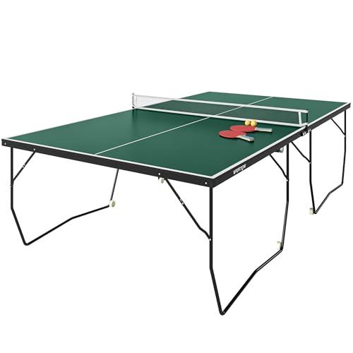 SPORTNOW Tavolo Ping Pong Pieghevole con 8 Ruote, Tavolo da Ping Pong Richiudibile con 2 Racchette, 3 Palline e Rete, 274x152.5x76 cm, Verde Scuro