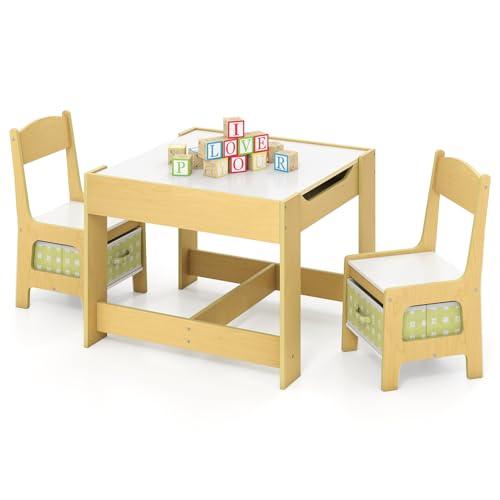 COSTWAY Tavolino Bambini 3 in 1, Set Tavolo e Sedie per Bambini con Lavagna Rimovibile e 2 Sedie con Cestini Portaoggetti, Scrivania Multiuso per Cameretta e Soggiorno (Legno) (Verde)