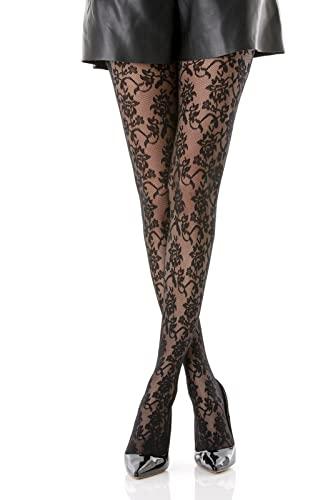 Gi&Gi Collant donna fantasia, in retina 40 denari con tassello in cotone da donna caratterizzati da un'allegra fantasia fiori all over.N.1607 colorate (L/XL, NERO)