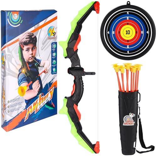 Arco e freccia per bambini, set di giocattoli con LED, 10 frecce con ventose, bersaglio e carcone, giocattolo da allenamento interno ed esterno per bambini e ragazze (Verde)