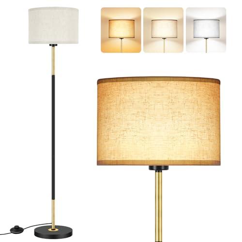 OUTON Lampada da Terra Salotto, 3 Temperature di Colore con E27 Lampadina & Interruttore a Pedale, Lampada da Lettura LED con Paralume in Lino, Design Vintage per Camera da Letto e Ufficio (Nero Oro)