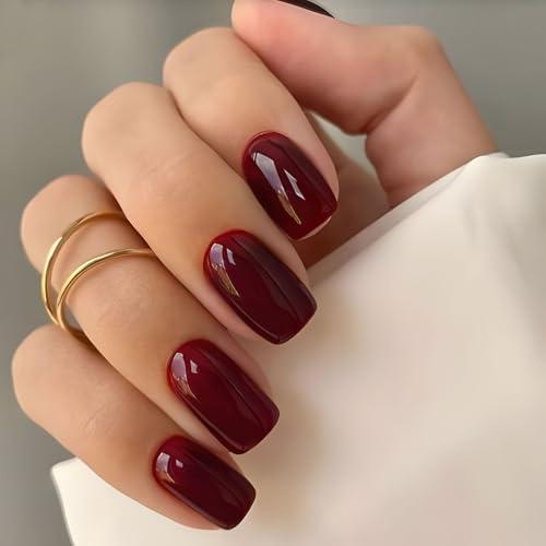32pcs Unghie Finte Rosse Natale Corte Quadrate Adesive Gel Nail Stickers Copertura Completa Press on Nails per Ragazze Donna Natalizie Halloween DIY