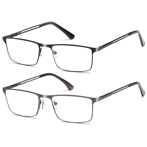 ZXYOO 2 Paia Occhiali da Lettura Uomo con Lenti Anti-Luce Blu, Montatura Metallica Ultraleggera, Cerniere a Molla（Nero+grigio）+1.75