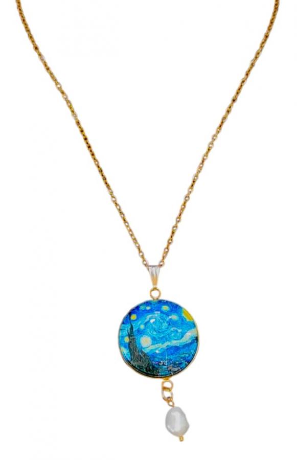 Collana Dipinti Cabochon Con Pietre Naturali, Idea Originale per Regalo Natale, Fatto a Mano, Gioielli Donna (Notte Stellata Perle Di Fiume)