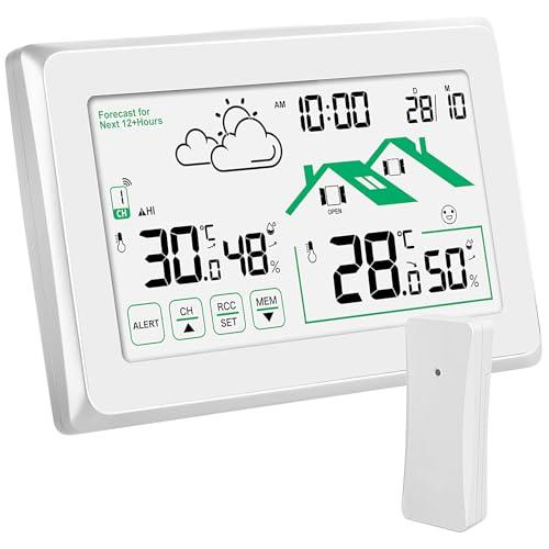 Stazione Meteo con Sensore Esterno, Termometro Digitale Igrometro per Interni ed Esterni, Schermo LCD con Retroilluminazione 12/24 ore Previsioni Meteo Automatiche per Ufficio Casa Camera da Letto