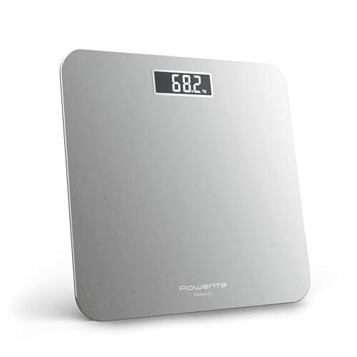 Rowenta Premiss 2.0, Bilancia da Bagno con Display LCD Facile da Leggere, Capacità 160Kg, Design Moderno e Funzioni Intelligenti, Auto Accensione e Spegnimento Automatico, Colore Argento, BS1801V0