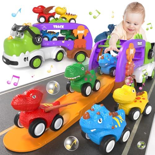 usrela 5 in 1 Dinosauri Camion Macchinine 1 2 3 Anni Ragazzi e Ragazze, Dinosauri Trasportatore Camion con Suoni e Luci, Camion Giocattolo Gioco Regalo per Bambino 1 2 3 anni, Dinosaur Toy for Kids