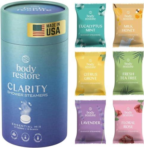 Body Restore Shower Steamers Aromatherapy 6 Pack - Relaxation Birthday Gifts for Women and Men, Travel Essentials, Stress Relief and Self Care - Clarity
