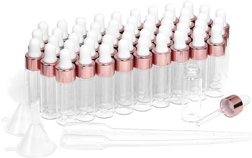 Mini flaconi contagocce in vetro, 50 pezzi, con tappo color oro rosa, trasparenti, vuoti, con erogatore contagocce, utilizzati per campioni di profumo, olio per il corpo, liquidi cosmetici (5 ml)