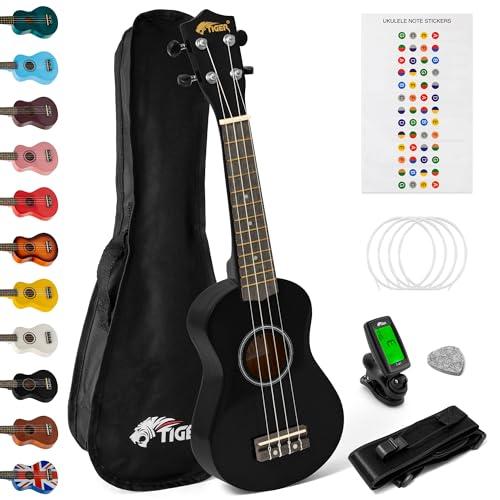 TIGER UKEKIT-BK Pacchetto Ukulele per principianti, Ukulele soprano, accordatore, tracolla, adesivi, corde di ricambio e plettro in feltro - Nero