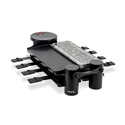 H.Koenig Apparecchio multifunzione per raclette 8 persone RP360, rotante a 360°, Professionale, Pietra naturale, Grill, Fonduta di formaggio per raclette, 8 teglie antiaderenti, Piastre rimovibili