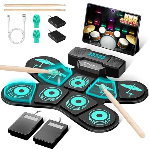CAHAYA Set di cuscinetti per batteria elettronica: 9-cuscinetti portatili per pratica elettrica avvolgibili con altoparlante incorporato, bacchette, pedali in piedi