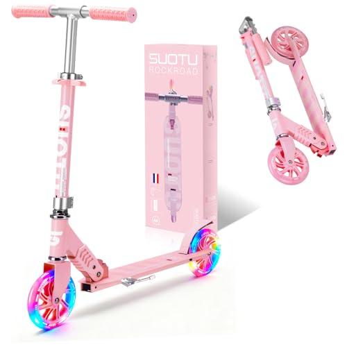 SUOTU Monopattino con Ruote luminose da 145 mm, Capacità: 100 kg, Pieghevole, Regolabile in Altezza, Scooter per Bambini 3-12 Anni, Alluminio (Rosa)