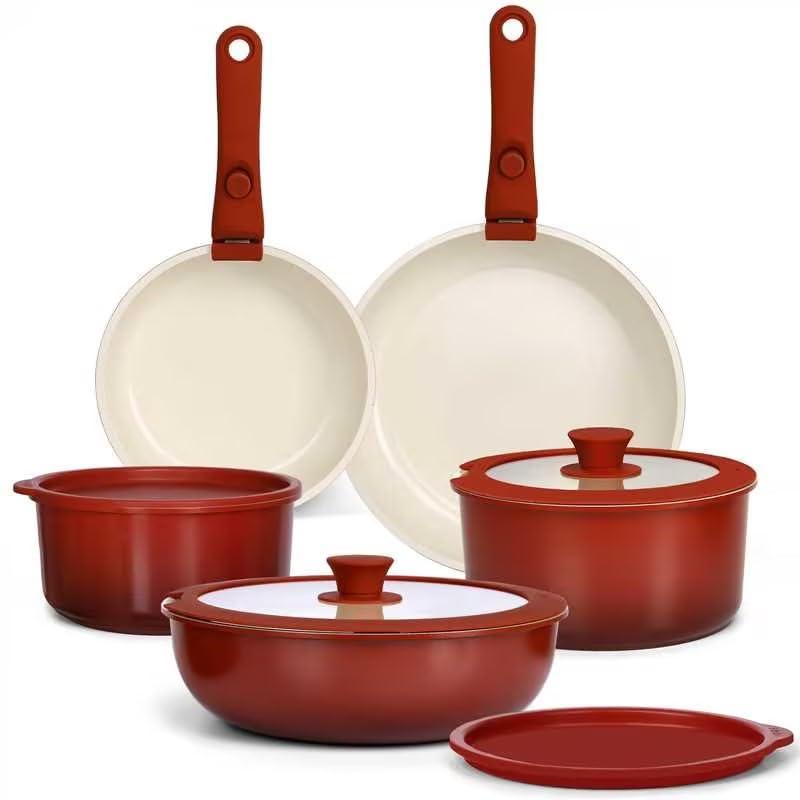 GiPP 11 Pezzi Set Di Pentole E Padelle Con Rivestimento Ceramico Antiaderente, Set Di Pentole Con Manici Staccabili, Atossiche Compatibili Con Induzione, Forno E Lavastoviglie, Sfumatura Rossa