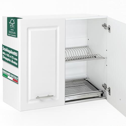 Shally Dogan Pensile Scolapiatti con Vassoio Salvagoccia da Cucina Design Boiserie, Mobile a Parete in Legno Resistente Armadio Sospeso con Due ante e Due Ripiani, 80 x 32 x 72H cm (Bianco)