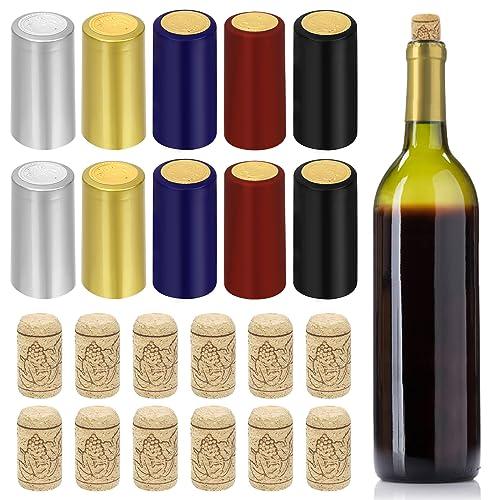 Swpeet Set di 60 capsule termorestringenti in PVC, 5 colori argento, nero, rosso, oro, blu, e naturale, per bottiglie di vino e bottiglie di vino, tappi di chiusura con involucro termoretraibile per