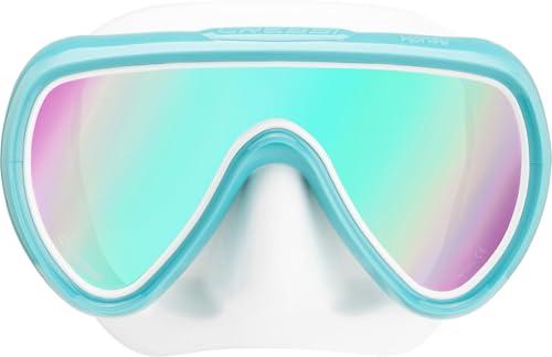 CRESSI dal 1946 - Honey - Maschera Compatta Design Specifico per Donna, Monovetro Temperato, Morbido Facciale in Silicone 100%, Fibbie Rapide - Bianco/Acquamarina 420 UV Lenti Blu/Arancio - Unica