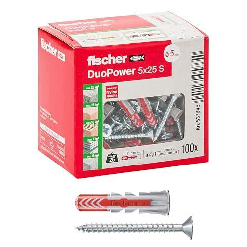Fischer 100x Tasselli con Vite DuoPower 5 x 25 mm, per Muro pieno, Mattone Forato, Cartongesso, 537645