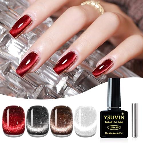 YSUVIN Smalto Semipermanente Unghie Magnetico, 4 Colori ​Rosso Nero Marrone ​Bianco Vernis Cat Eye Gelée Trasparente Semi-permanente con Aimant Soak Off UV/LED Per Pailleté Kit di Manicure, 8 ML