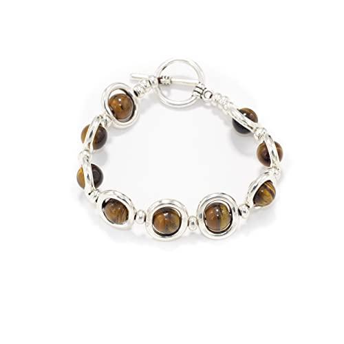 NILUXE DESIGN - Bracciale Donna Pietre Naturali Incastonate Zamak Placcato Argento - Bracciale Pietre Semipreziose - Bracciale Donna - Bracciale Pietra Naturale(Occhio di tigre (marrone))