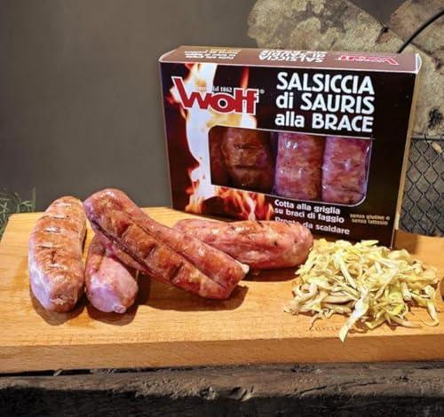 Wolf, Salsiccia di Sauris alla Brace, 4 pezzi, Affumicatura con Legno di Faggio, Carne di Suino Accuratamente Selezionata, Senza Glutine, Sottovuoto, 250 g (min. netto garantito)