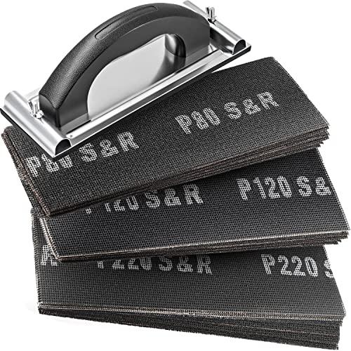 S&R Carta Vetrata Fogli Abrasivi Cartongesso 30Pz (10 x P80 / P120 / P220) + Blocco Levigatrice Manuale. Retine abrasive per Muro Legno Metallo