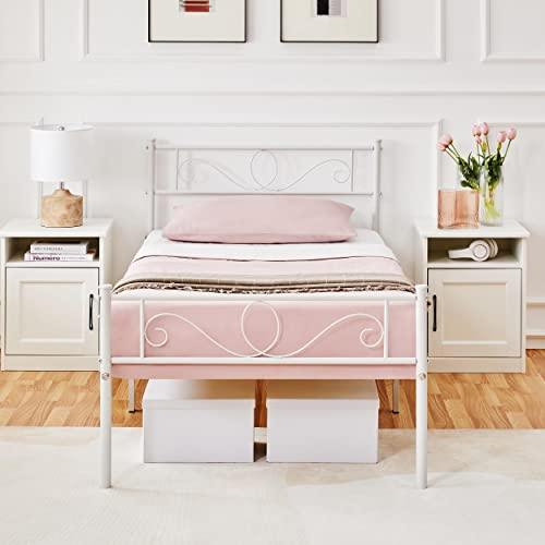Yaheetech Letto Singolo in Ferro Battuto a Doghe Struttura Letto in Metallo 90 x 190 cm Stile Rustico Moderno Testiera Elegante Portata 136 kg Bianco