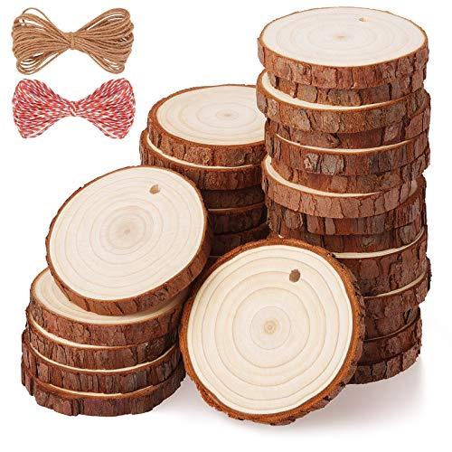 Fuyit Dischi Legno con Buco Diametro 5-6cm 30 Pz Naturale Legno da Decorare Natale Segnaposto Legno Fai da Te con 10m Spago Juta e 10m Corda di Cotone Adatti per Pirografo, Intagliare, Disegnare