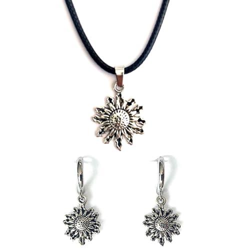 Orecchini Etnici del Sole Placcati in Platino - Orecchini da Donna e Ciondolo di Protezione in Argento Antico a Forma di Fiore Solare - Amuleto Protettivo