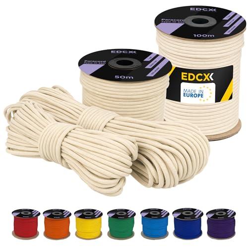 EDCX poliestere Paracord 550 (15, 30 e 50 m) – 4 mm Tipo III, cavo per paracadute resistente allo strappo per la sopravvivenza in 100% poliestere con 7 fili | Colori a tinta unita (White, 15 m)