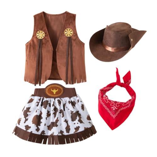 Lito Angels Vestito Costume Set da Cowgirl con Bandana, Gilet e Cappello per Bambina per Carnevale Taglia 12-13 anni, Marrone