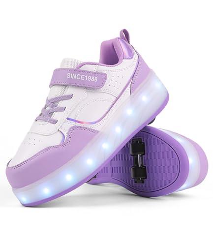 FANSU Scarpe con Rotelle Bambino Bambina con LED Brillantini Luci, Viola Scarpe Pattini con 4 Rotelle Retrattile USB Ricaricare, Multisport Outdoor Sneaker Skateboard