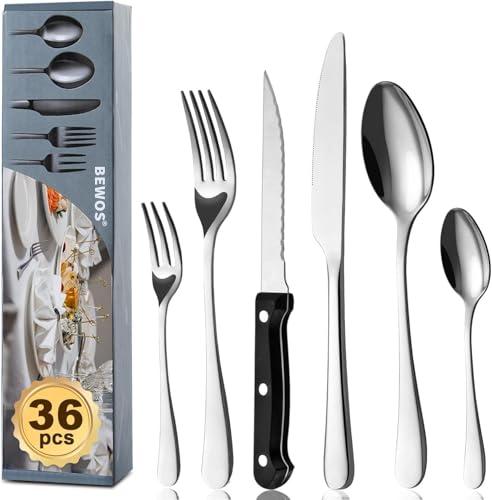 BEWOS Posate da 36 Pezzi con Coltelli da Bistecca per 6 Persone - Set in Acciaio Inox con Coltelli, Cucchiai e Forchette, Lucidatura a Specchio, Lavabile in Lavastoviglie